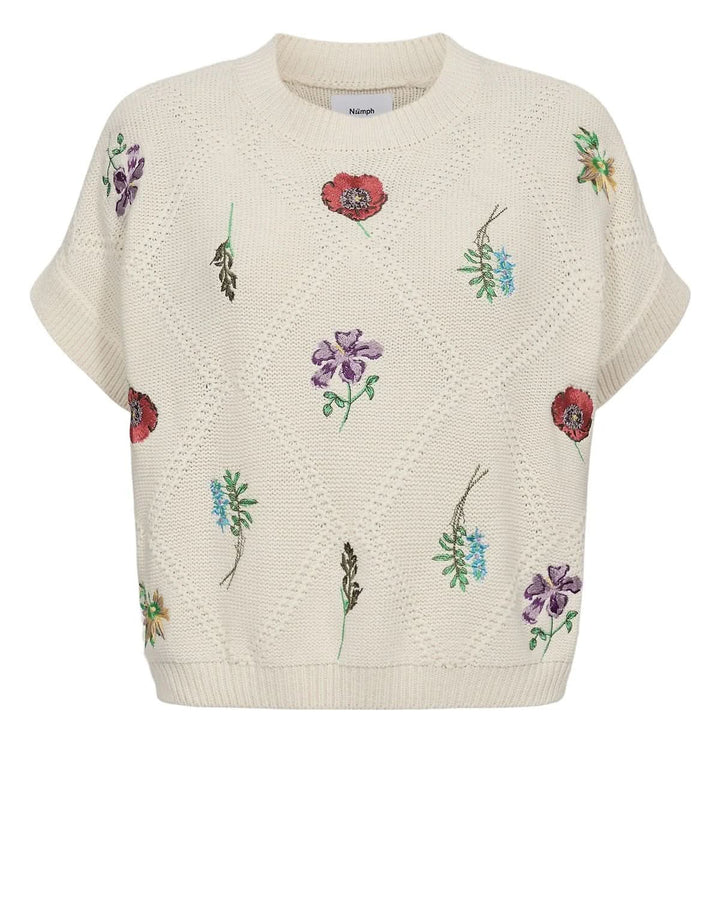 Short-sleeved embroidered knit sweater