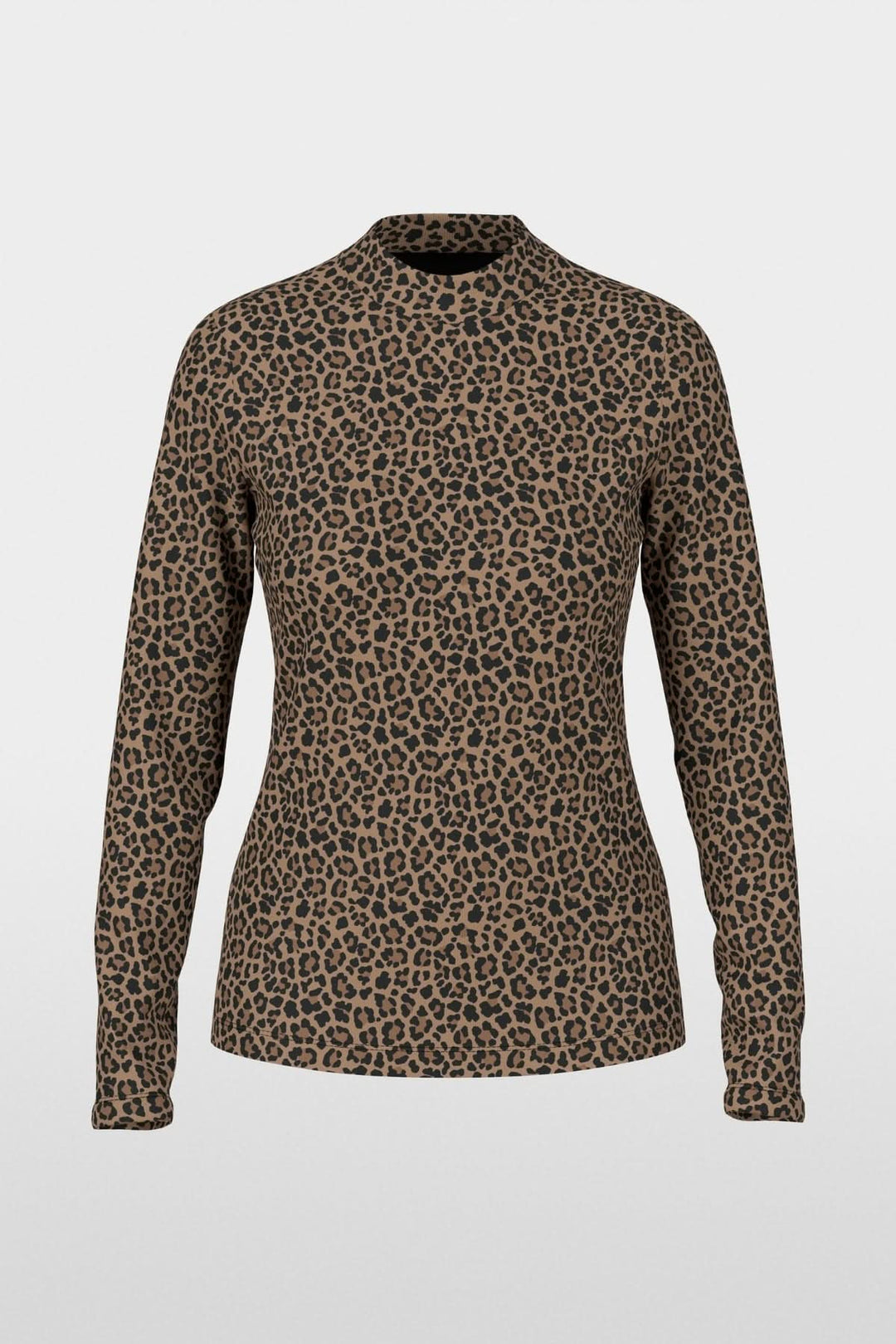 Chandail imprimé léopard à manches longues avec col montant, offrant confort et style avec son ajustement près du corps.