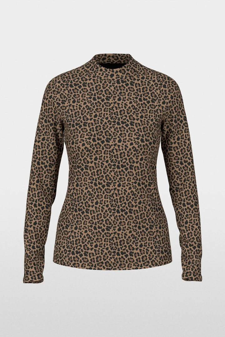 Chandail imprimé léopard à manches longues avec col montant, offrant confort et style avec son ajustement près du corps.