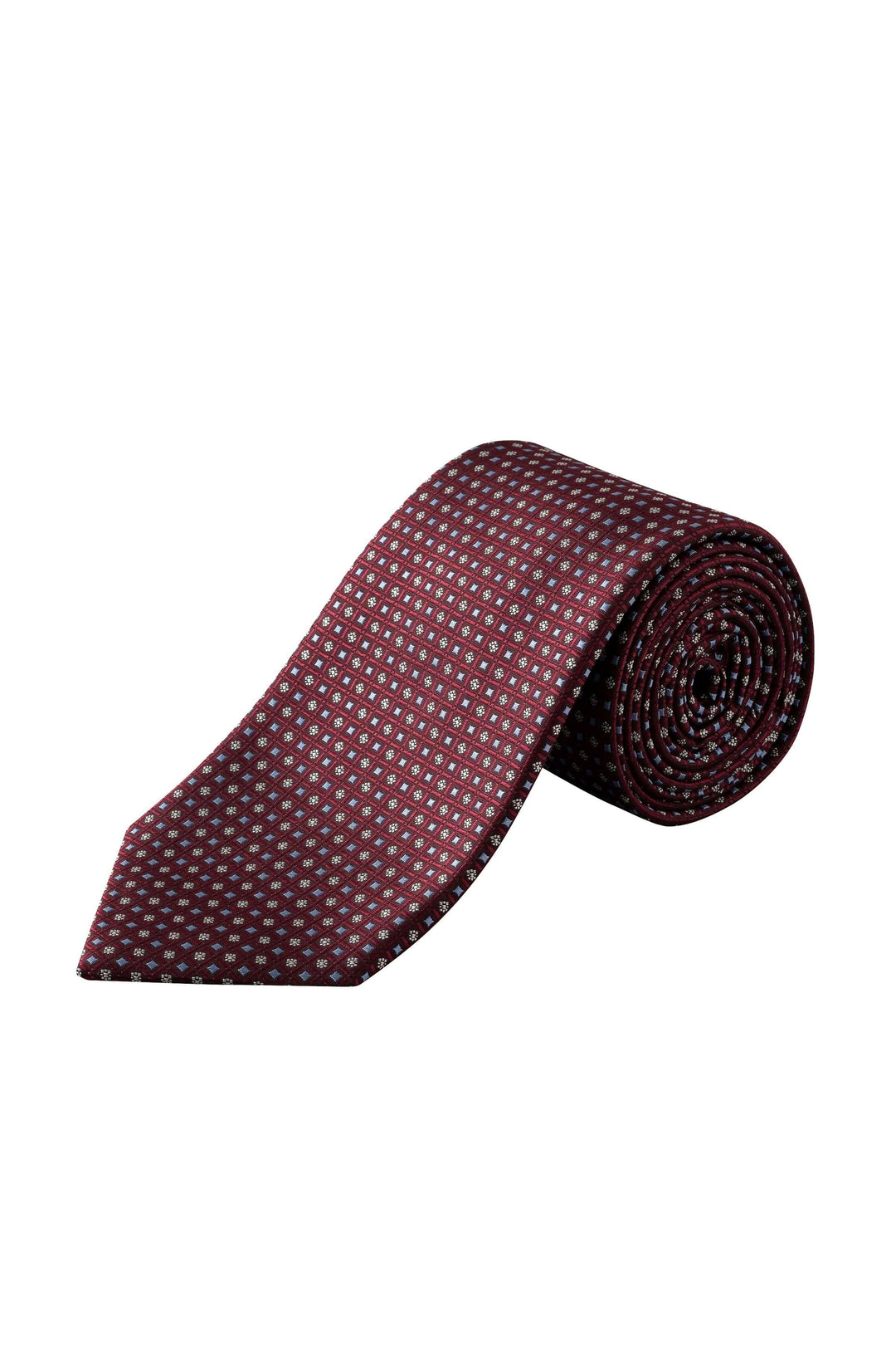Cravate géométrique bordeaux à motif régulier, texture satinée, idéale pour une tenue formelle.
