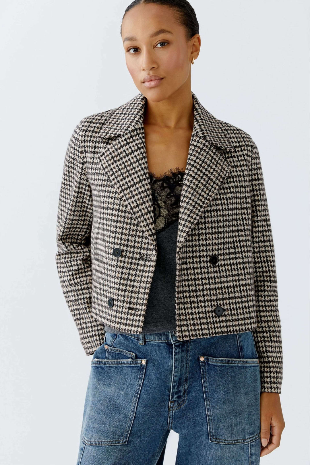 Short double-breasted houndstooth jacket