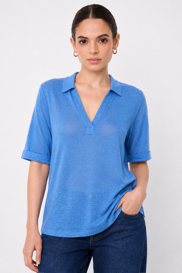 Short-sleeved linen polo shirt