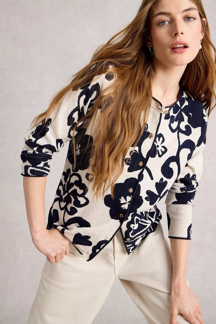 Cardigan Lulu en maille avec imprimé floral audacieux, coupe droite et finitions côtelées, style chic et décontracté.