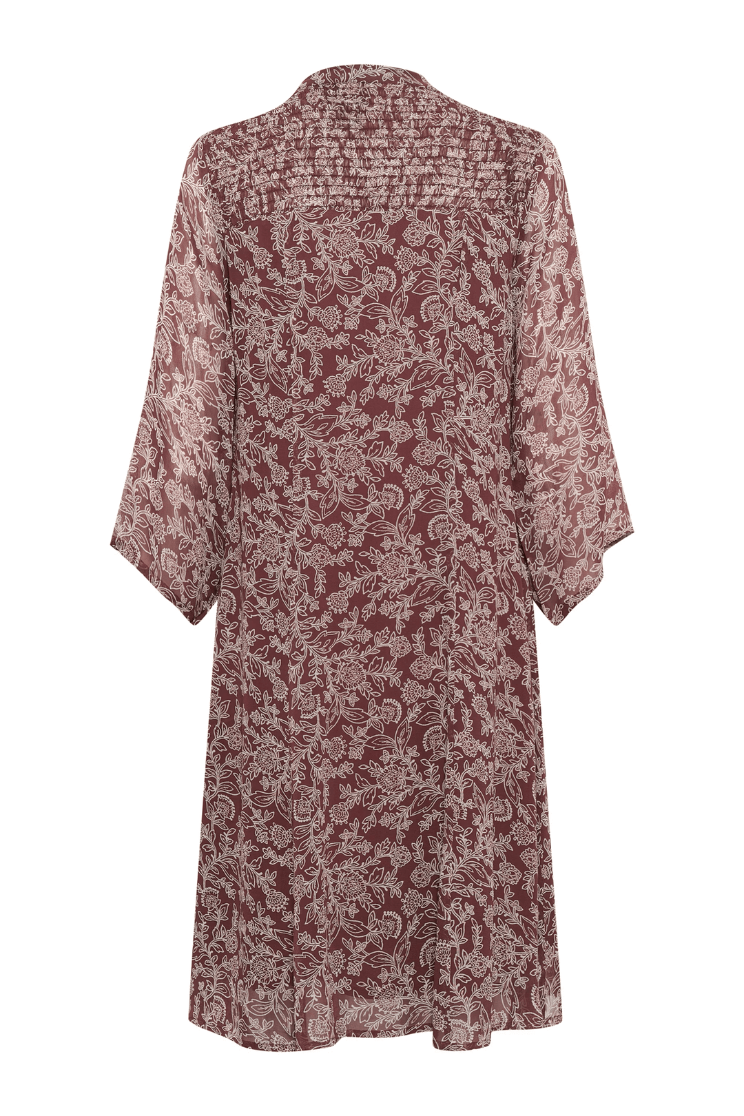 Derrière de la Robe Elka avec imprimé délicat et manches trois-quarts, coupe évasée et encolure en V pour un look élégant.