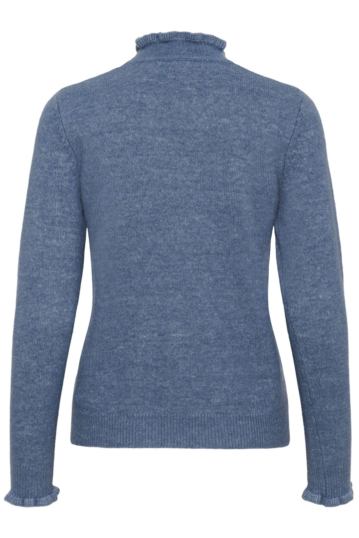 Tricot Guni bleu à col montant froncé, vue arrière, coupe droite et manches longues. Élégance discrète et confort.