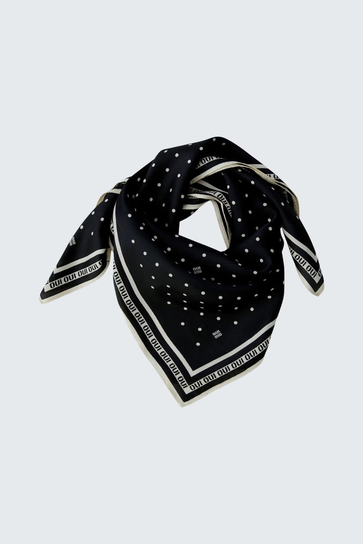 Vue latérale foulard à pois Oui bleu marine avec détails blancs - Valérie Simon