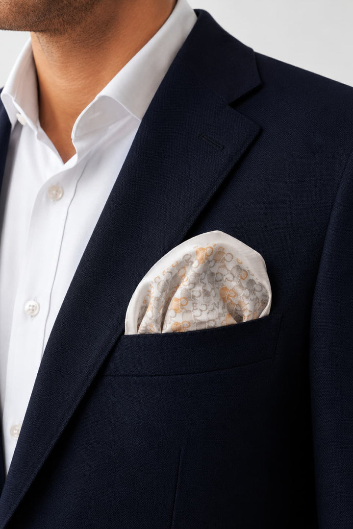 Eton scarf for men with a colorful geometric pattern, detailed view, touches of blue and brown - Valérie Simon