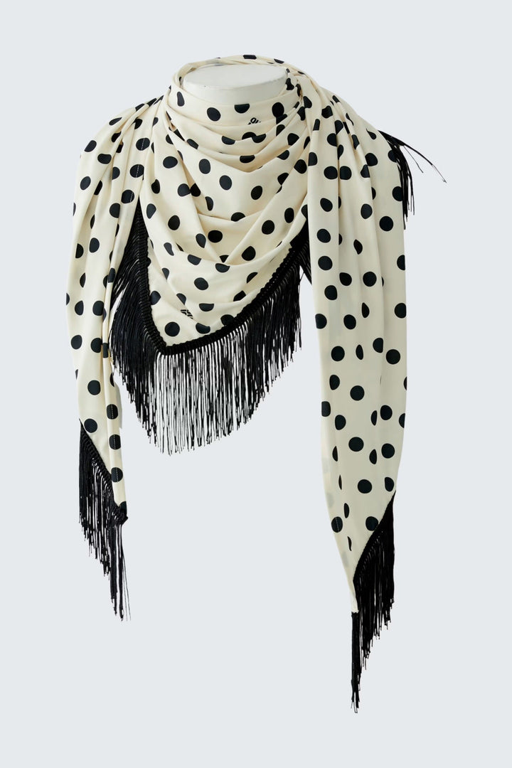 Vue de face foulard à pois et franges Oui détendu noir et blanc - Valérie Simon