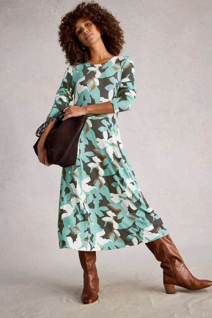 Madeline Dress with a round neckline and long sleeves, made of jersey