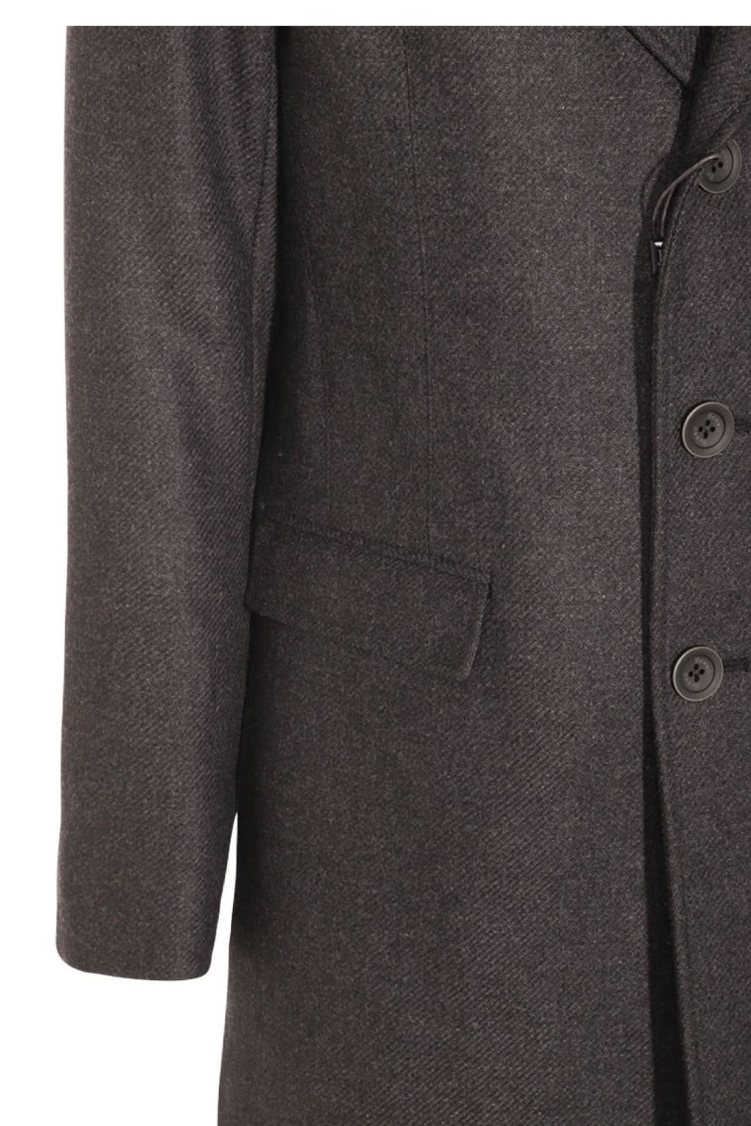 Manteau coupe classique en laine, col à revers et fermeture à trois boutons, style élégant et chaleureux.