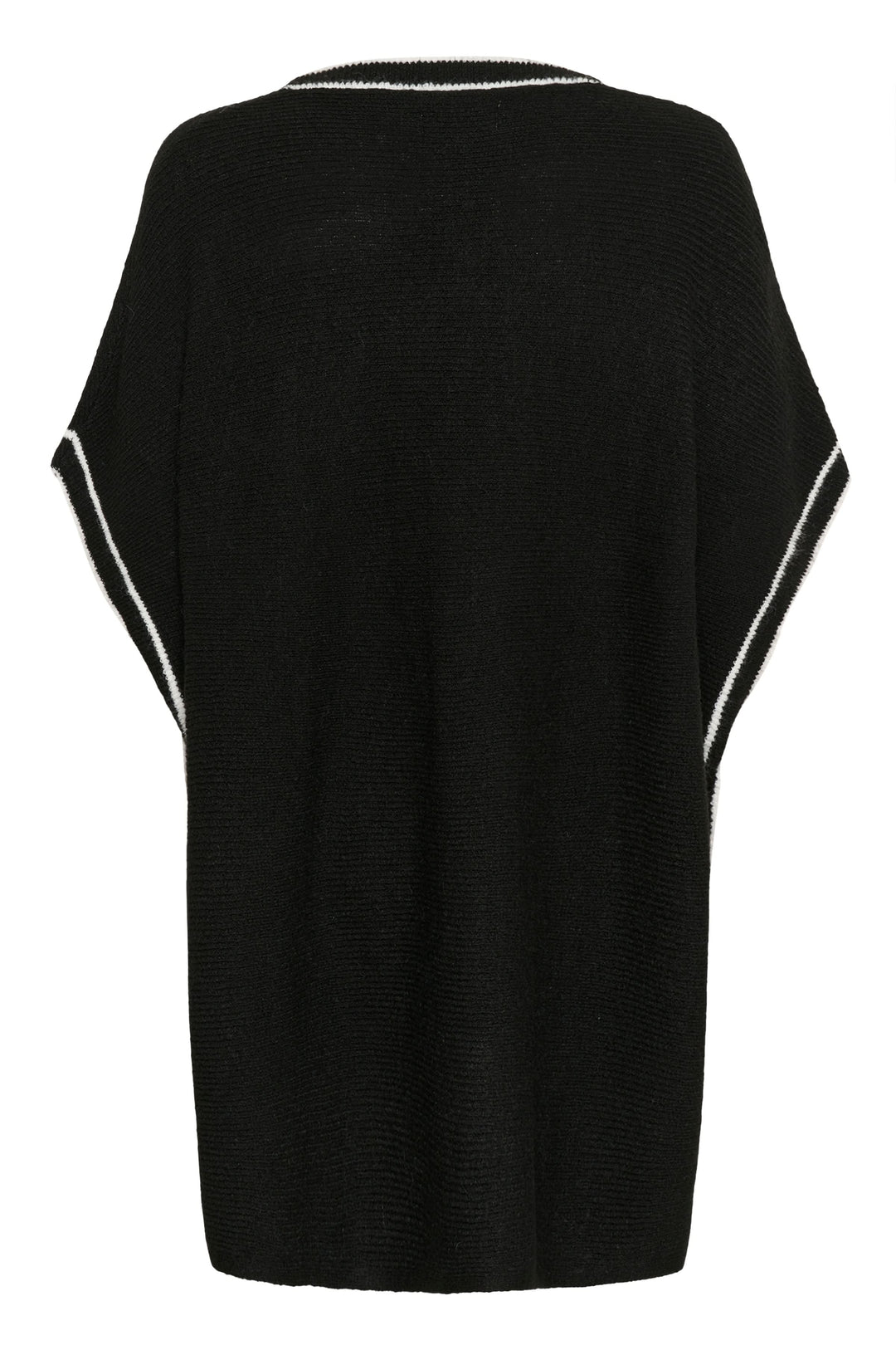 Cape Rams boutonnée en tricot à bord contrastant noire, vue arrière, ample et fluide, avec détails contrastants, élégante et moderne.