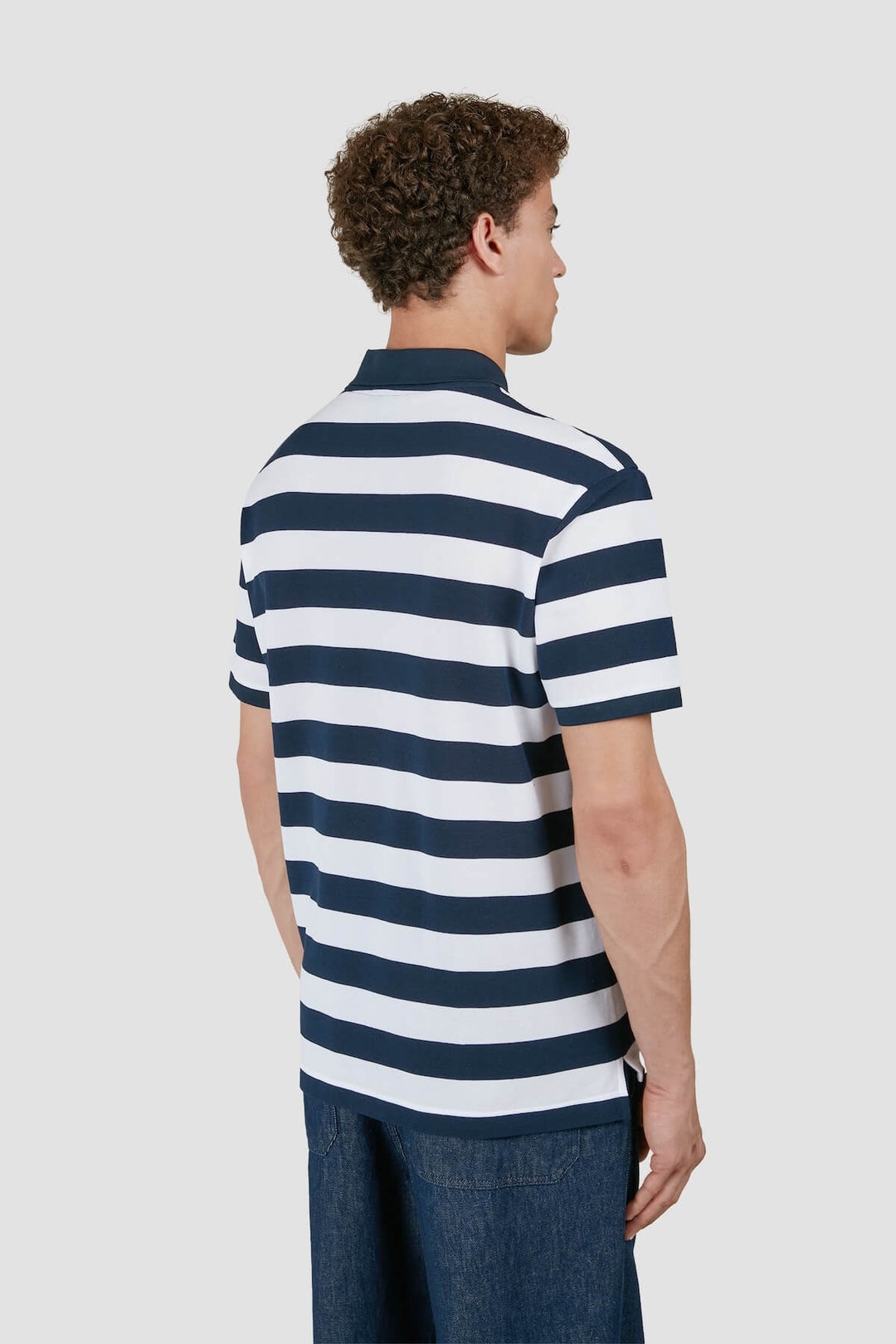 Navy and white striped pique cotton polo shirt