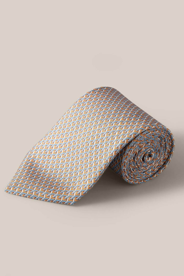 Orange and light blue geometric pattern silk tie