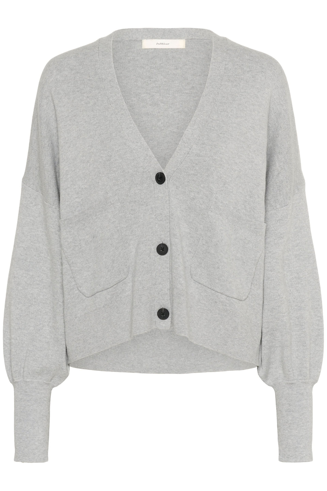 Cardigan Tenley en gris avec encolure en V, boutons contrastants et coupe ample, idéal pour un look décontracté.