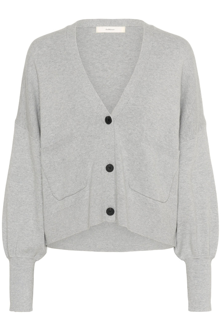Cardigan Tenley en gris avec encolure en V, boutons contrastants et coupe ample, idéal pour un look décontracté.