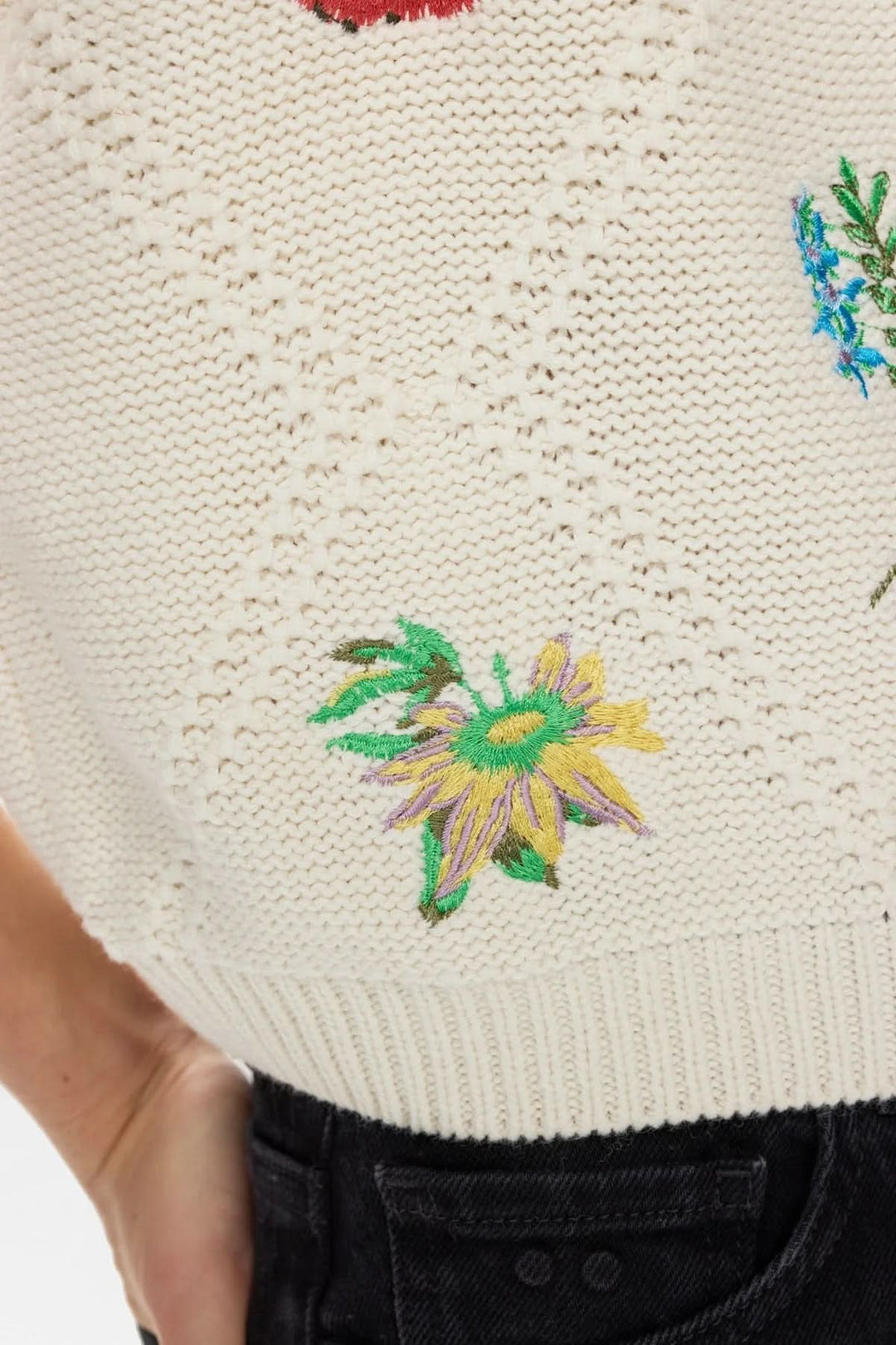 Short-sleeved embroidered knit sweater
