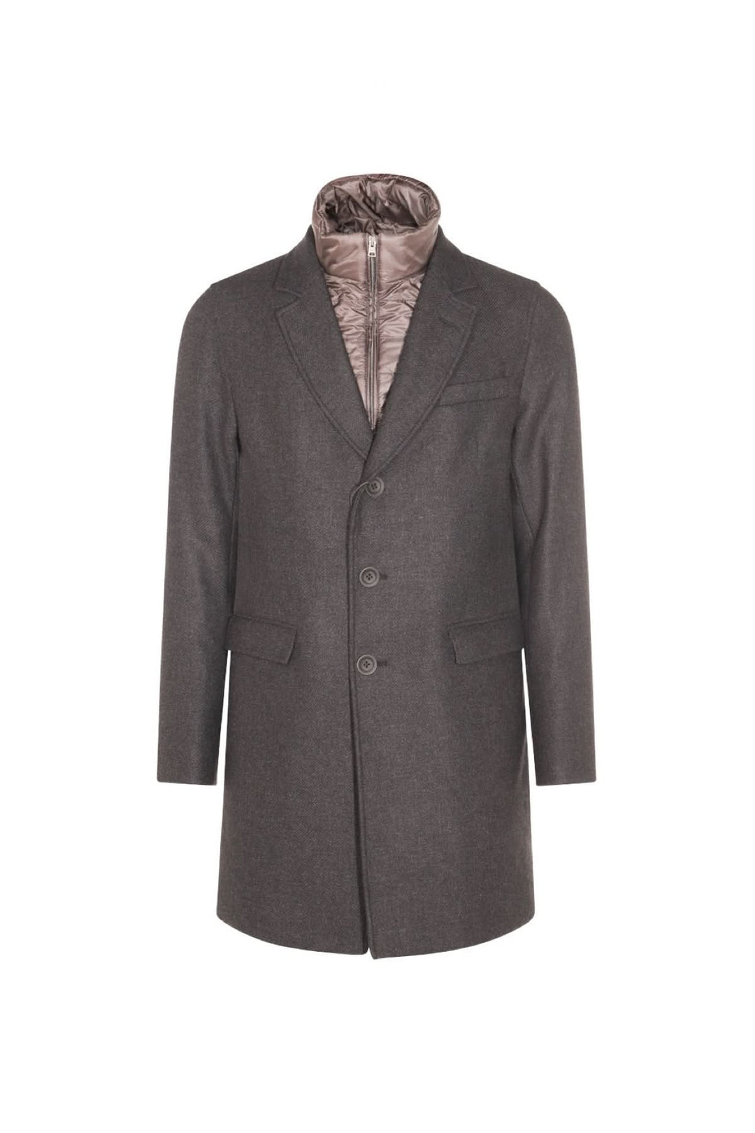 Manteau coupe classique gris avec col à revers et plastron amovible, idéal pour un look professionnel.