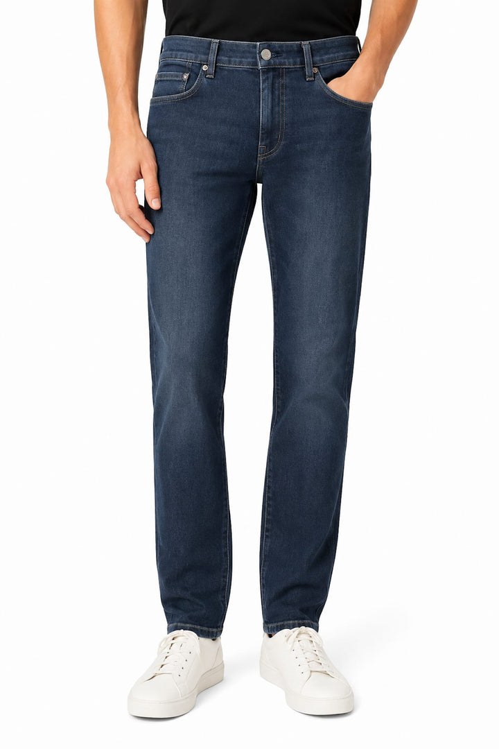 Vue de côté jean classique Paige pour homme noir avec coutures contrastées - Valérie Simon
