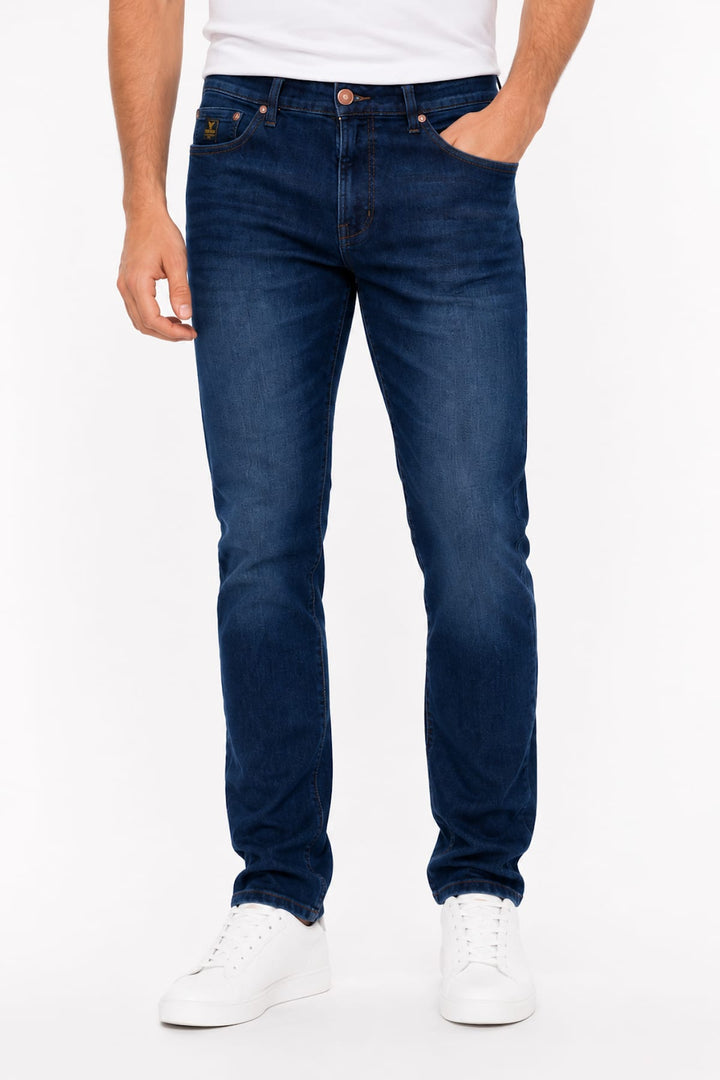 Vue latérale jean extensible gris détails poches Valérie Simon homme