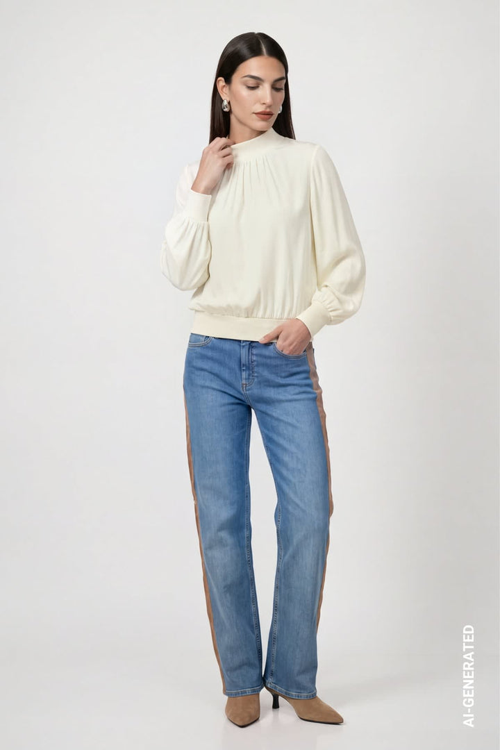Jeans bleu avec bande contrastante vue de face pour femme Monari
