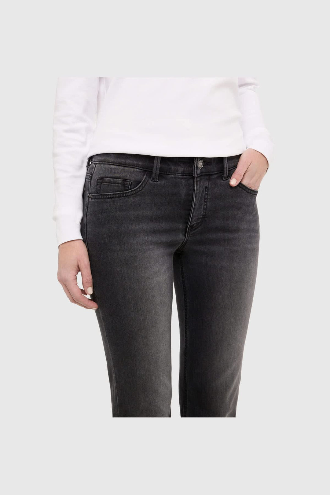 Front view of blue cropped straight-leg jeans for women by Mac Jeans