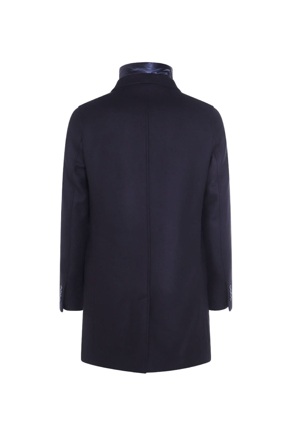 Manteau coupe classique noir, vue arrière, col à revers et design élégant, tablette matelassée amovible.