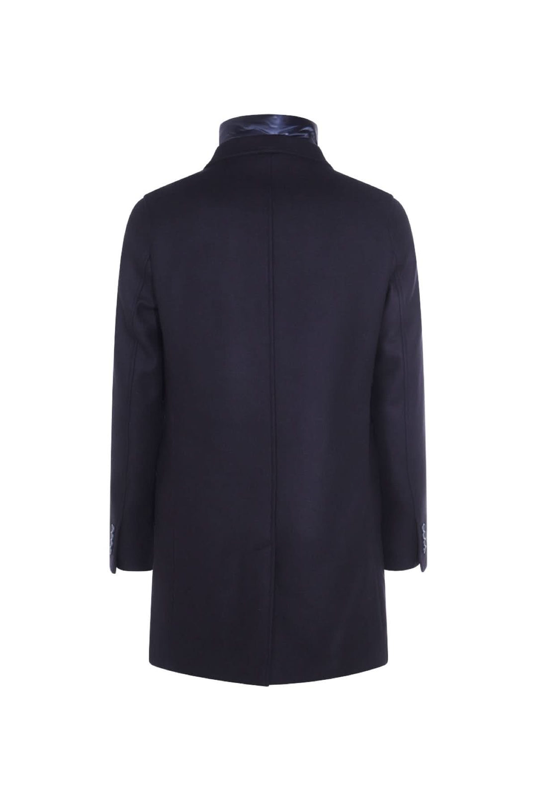 Manteau coupe classique noir, vue arrière, col à revers et design élégant, tablette matelassée amovible.