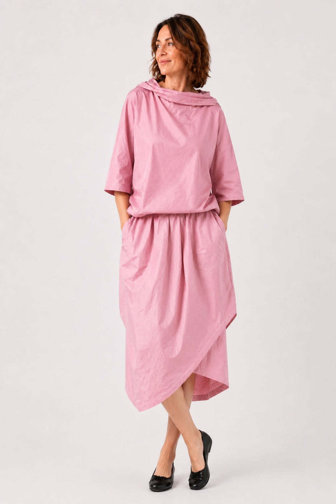 Front view of the Xenia red women's balloon skirt with accent pleats - Valérie Simon