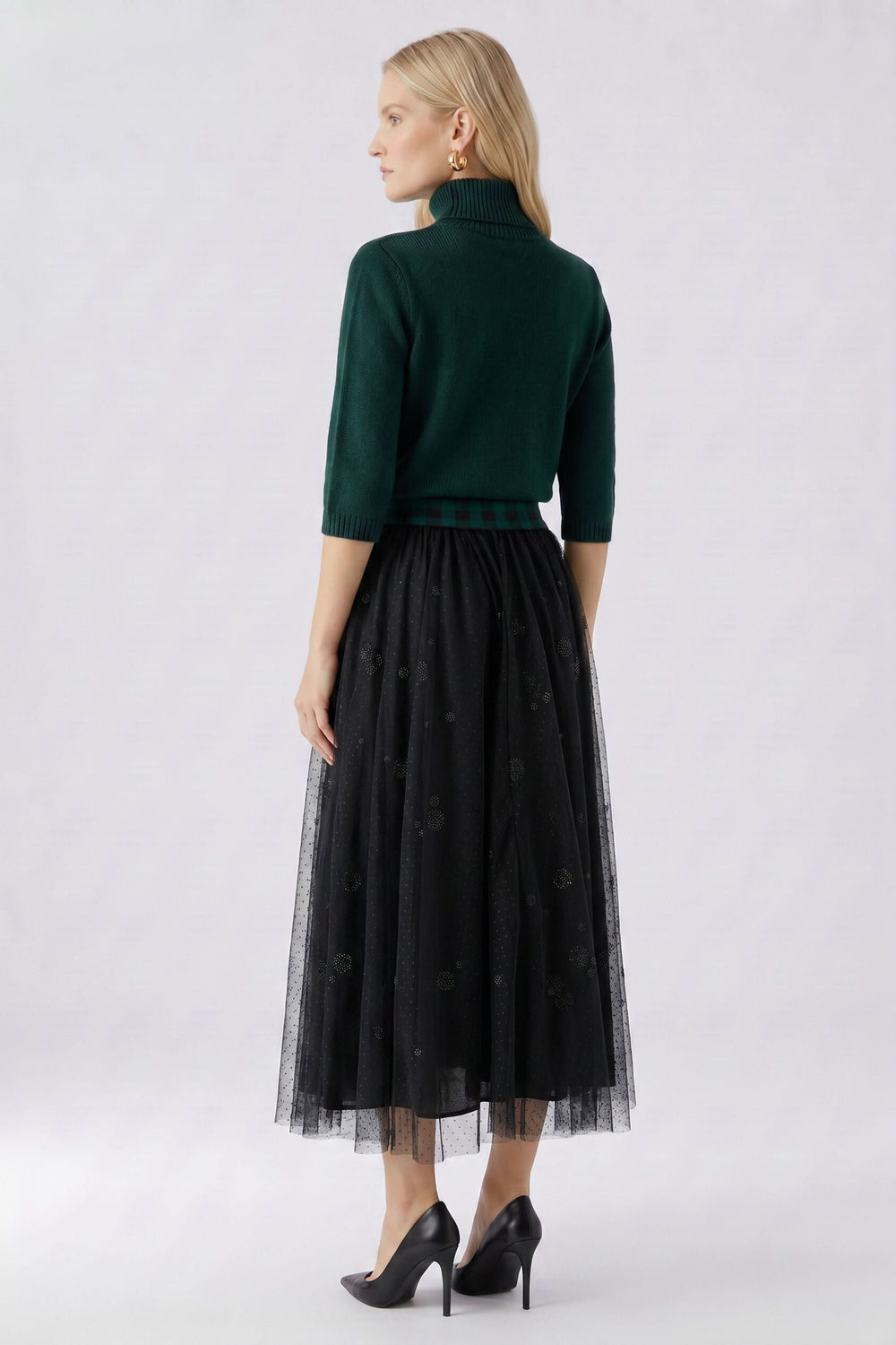 Front view of women's long tulle skirt with shimmering pattern Oui