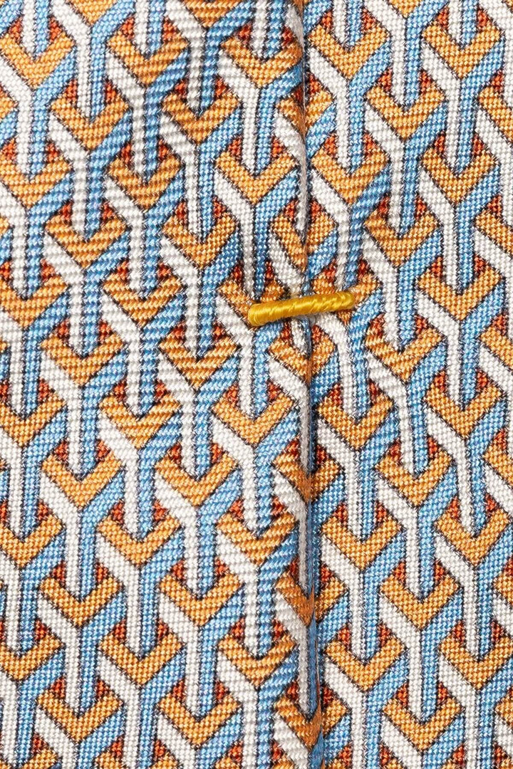 Orange and light blue geometric pattern silk tie