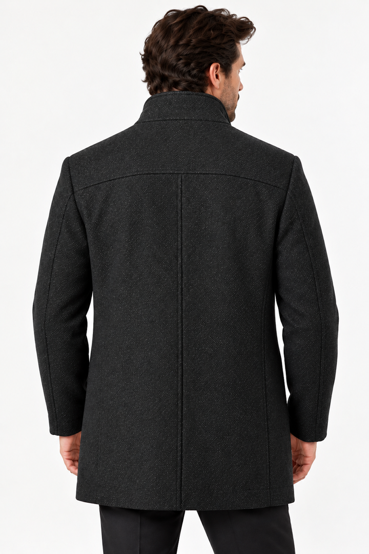 Long coat in blended wool with a stand-up collar 