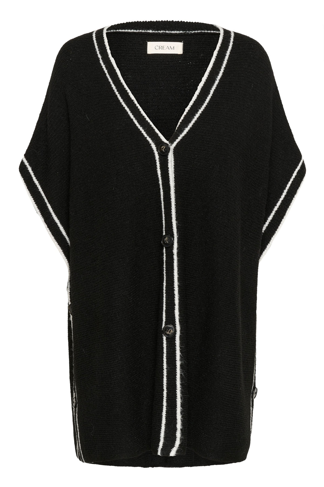 Cape Rams boutonnée en tricot à bord contrastant avec encolure en V et fermeture avant, élégante et stylée pour tenues modernes.