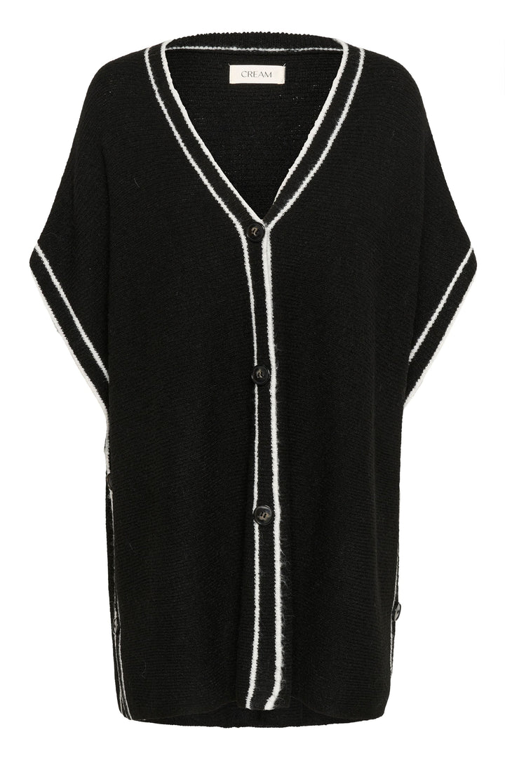 Cape Rams boutonnée en tricot à bord contrastant avec encolure en V et fermeture avant, élégante et stylée pour tenues modernes.