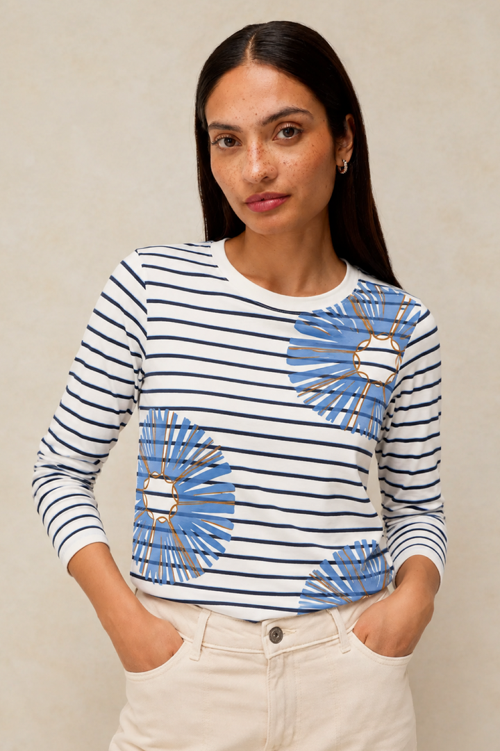 T-shirt à manches longues rayé et imprimé floral