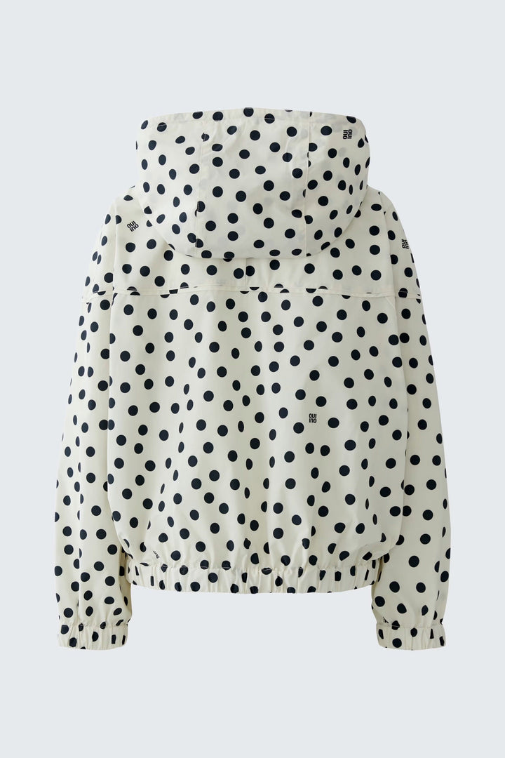 Vue de face manteau à pois noirs et blancs Oui pour femme avec capuche - Valérie Simon
