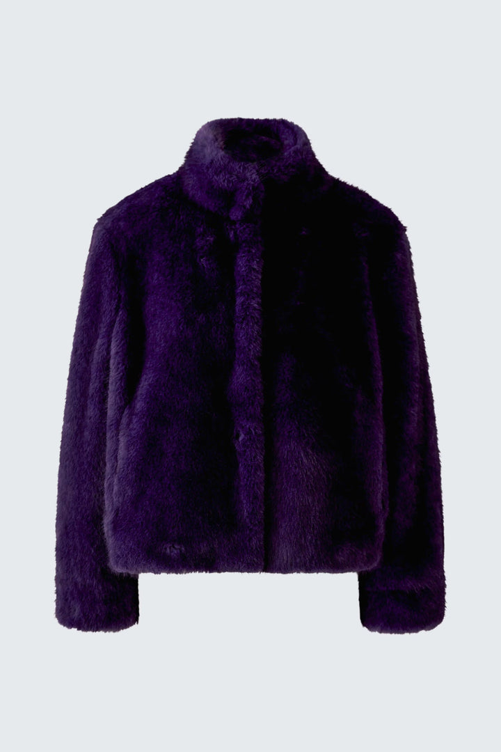 Vue avant manteau effet fourrure gris avec col large Oui pour femme - Valérie Simon