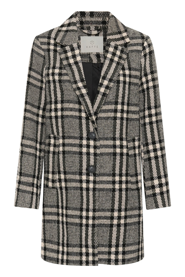Vue de face du manteau à carreaux noir et blanc Kaffe pour femme, détails boutons par Valérie Simon