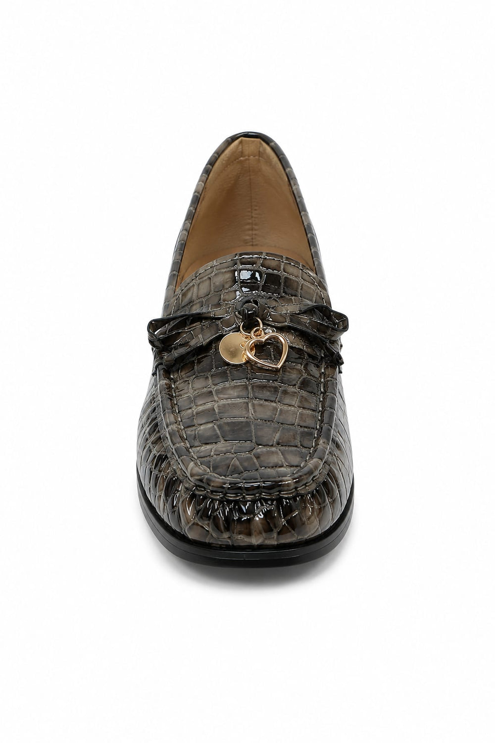 Women's black Gabor crocodile-effect loafers with charms, front view