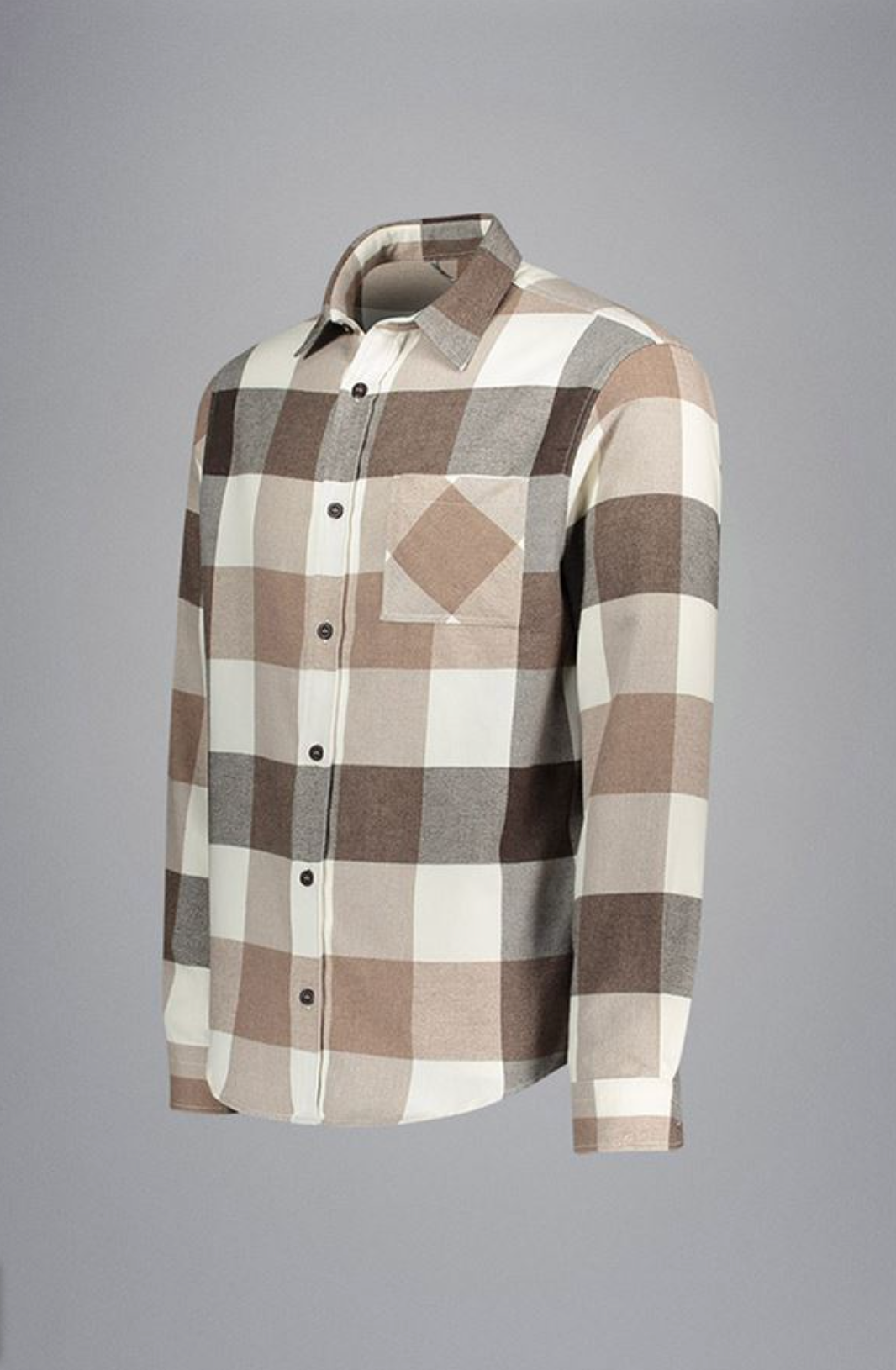 Chemise en flanelle à grands carreaux neutres dans des tons beiges et bruns, à manches longues et col classique.
