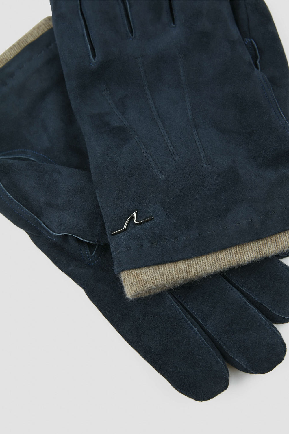 Gants en cuir suédé bleu avec bord en tricot, parfaits pour une allure élégante en hiver.