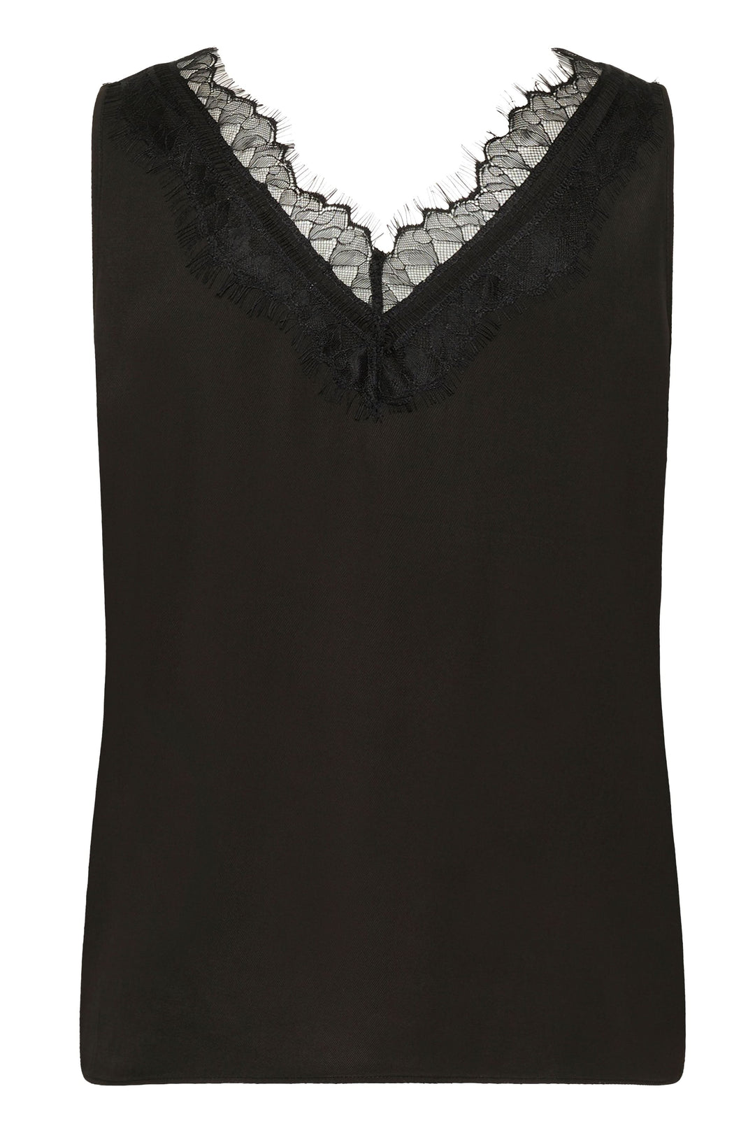 Camisole Danica en satin à encolure dentelle noire avec encolure en V et dentelle fine pour un look élégant.