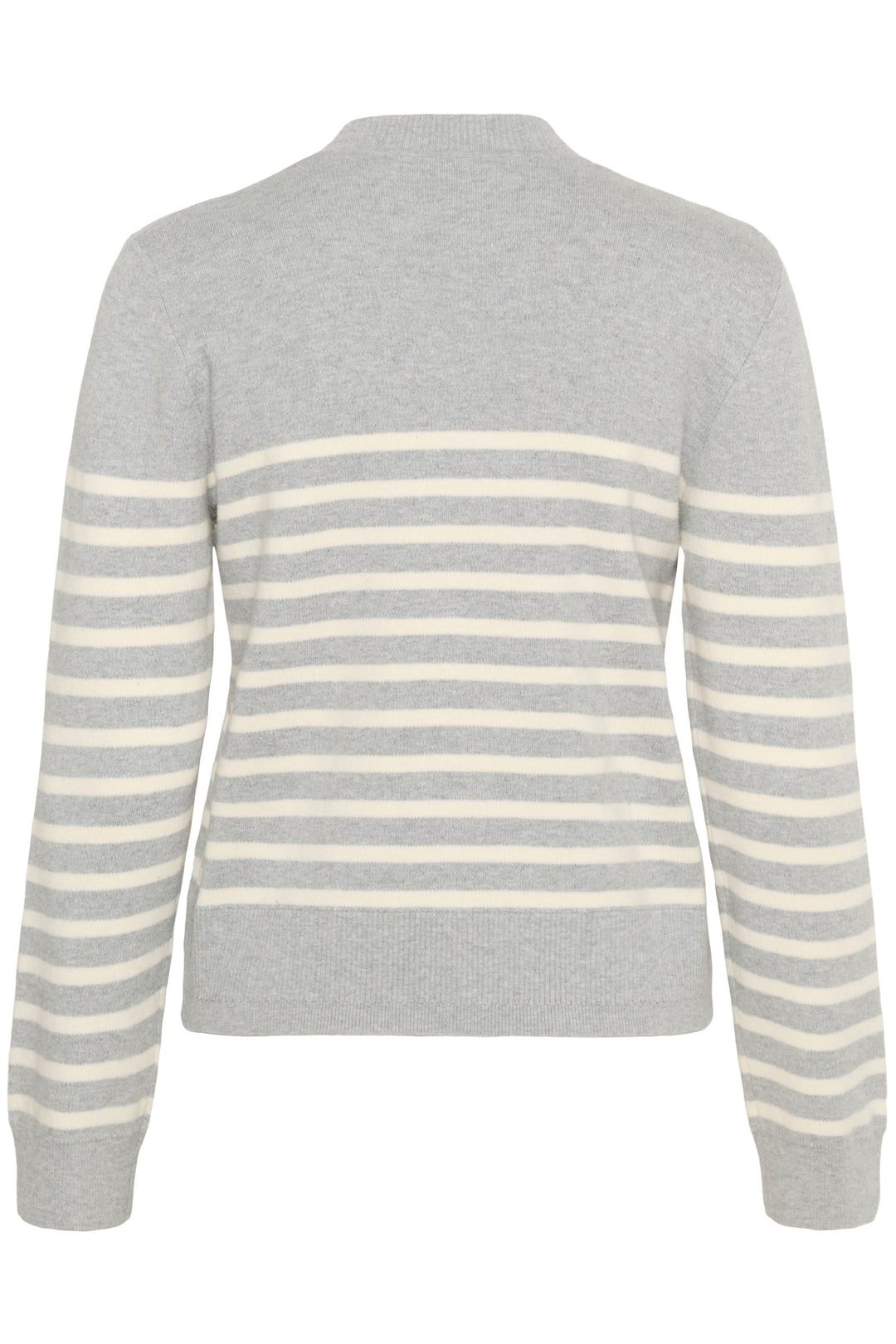 Chandail Wallis gris à rayures horizontales, encolure en V, coupe droite, maille fine.