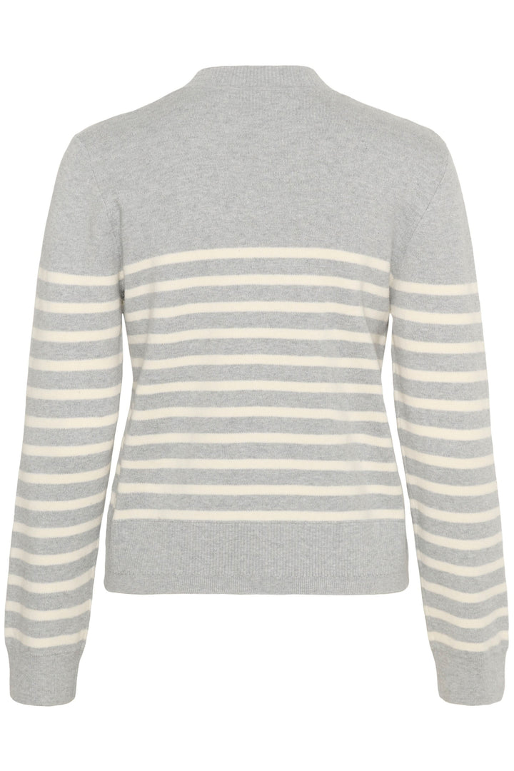 Chandail Wallis gris à rayures horizontales, encolure en V, coupe droite, maille fine.