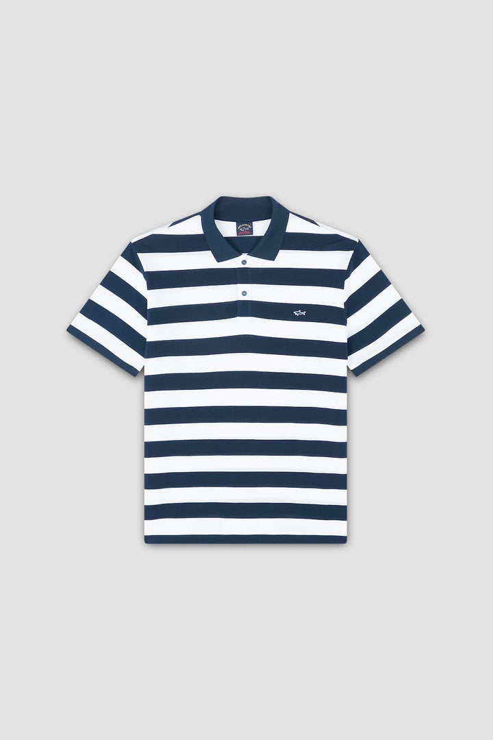 Navy and white striped pique cotton polo shirt