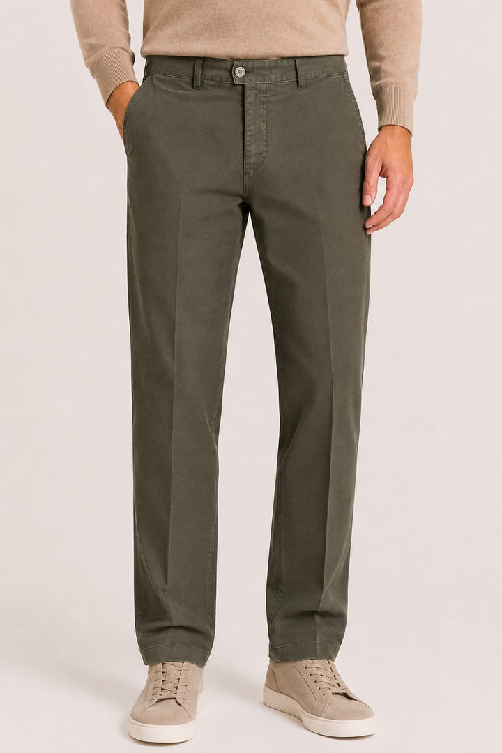 Vue de côté pantalon chino Meyer homme coton texturé beige - Valérie Simon