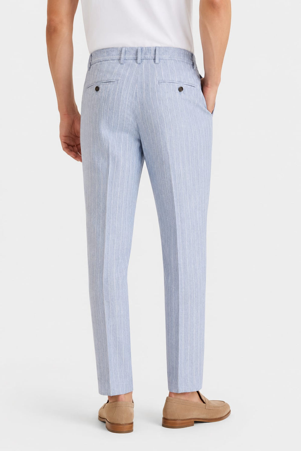 Side view of Fradi men's beige linen pants with Size elastic waistband and pleats - Valérie Simon