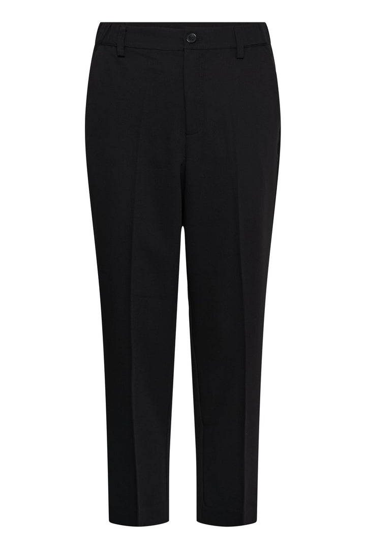 Vue de face pantalon Kaffe pour femme noir à jambe droite écourtée, bouton doré - Valérie Simon