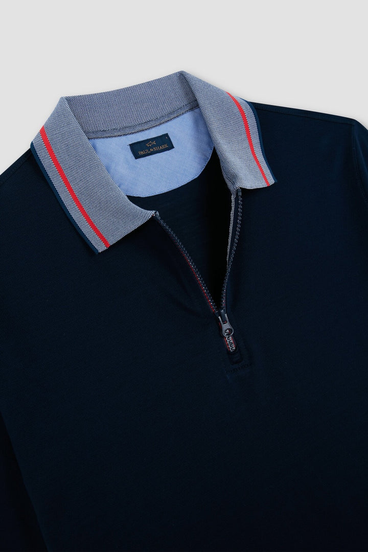 Cotton polo shirt with contrasting collar and zip fastening