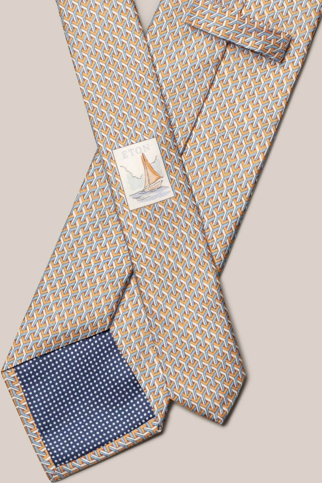 Orange and light blue geometric pattern silk tie