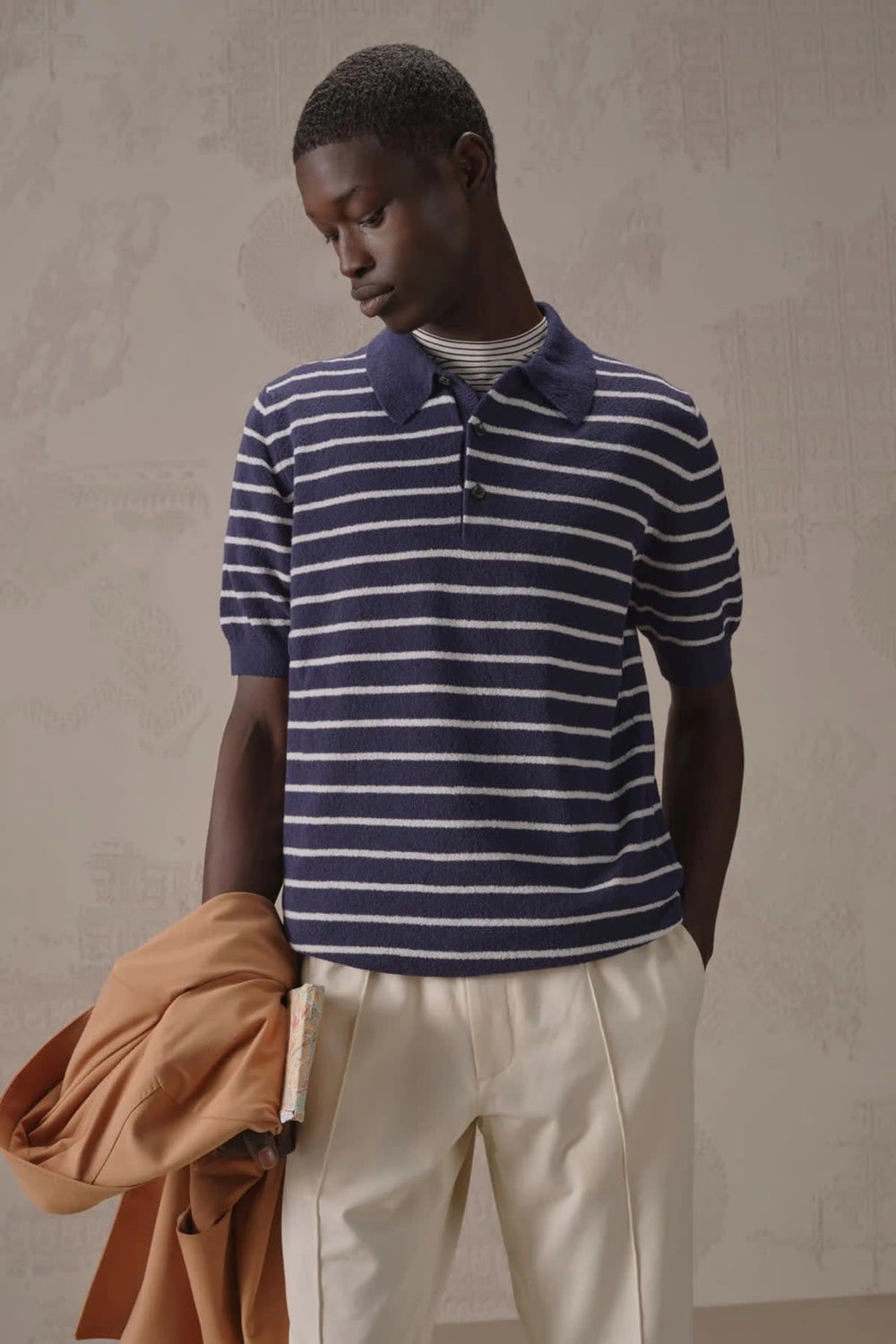 Front view of a Circolo men's striped terrycloth polo shirt in shades of blue and white - Valérie Simon